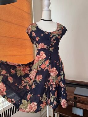 Vintage 90s Navy Floral Rose Dress Cottagecore Tea Dress Fit & Flare Size 12